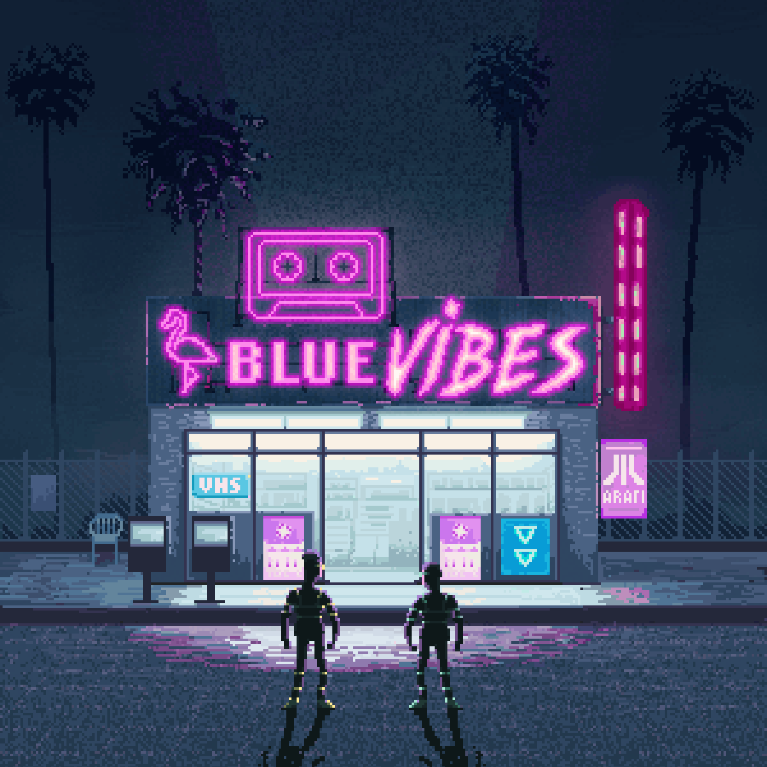 Cover of b l u e _ v i b e s: a neon video store at night with palms, and two figures standing in front of it.