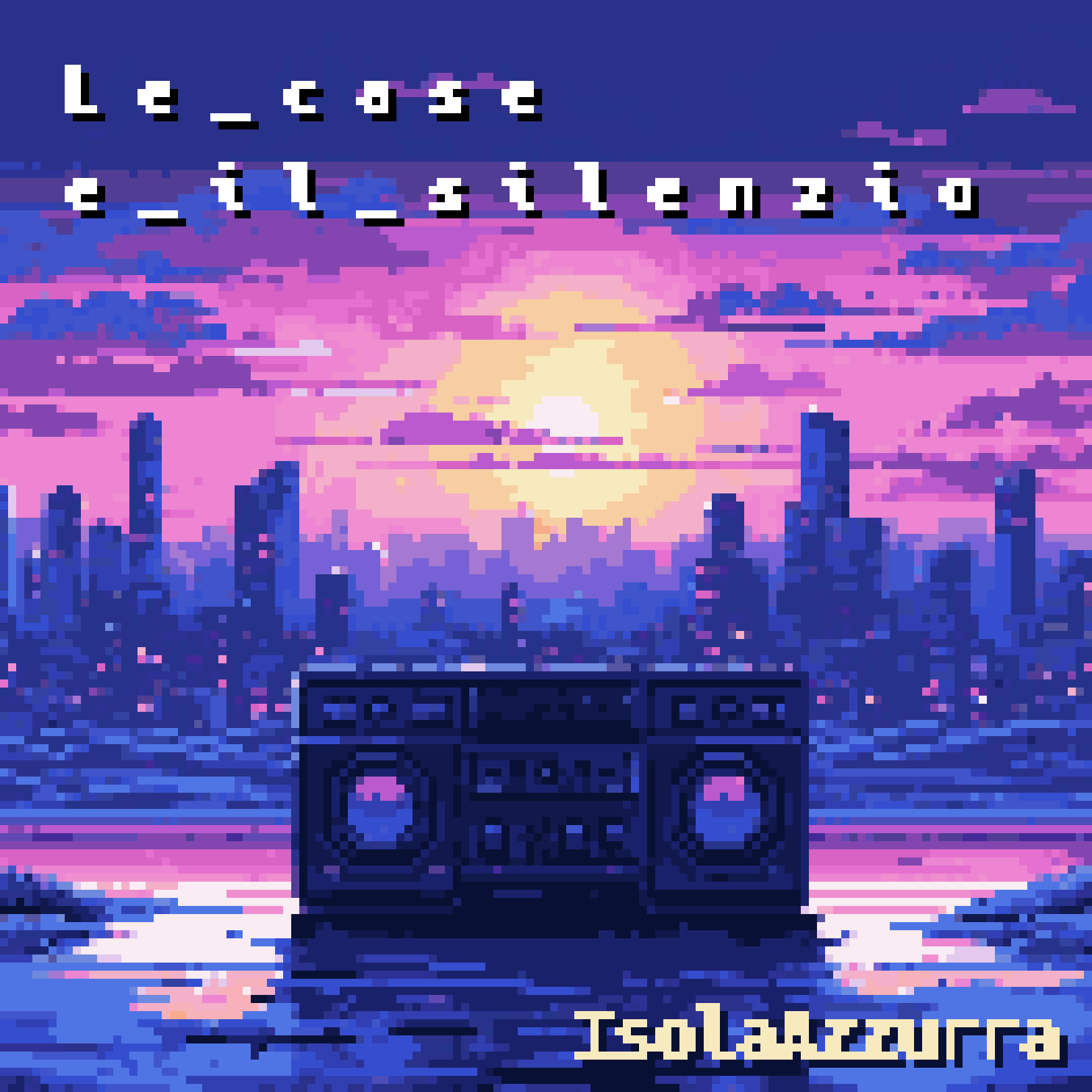 Cover of l e _ c a s e _ e _ i l _ s i l e n z i o: a city at dusk behind a boombox standing in still water.